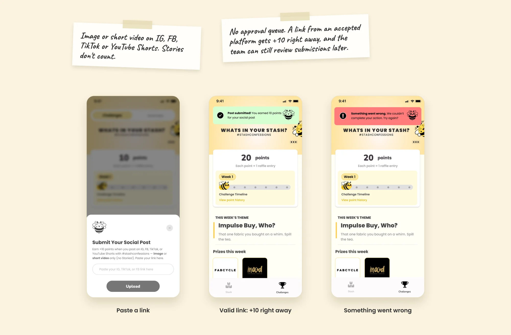 Submitting a social post: the submission screen, the success state and the error state for an invalid link