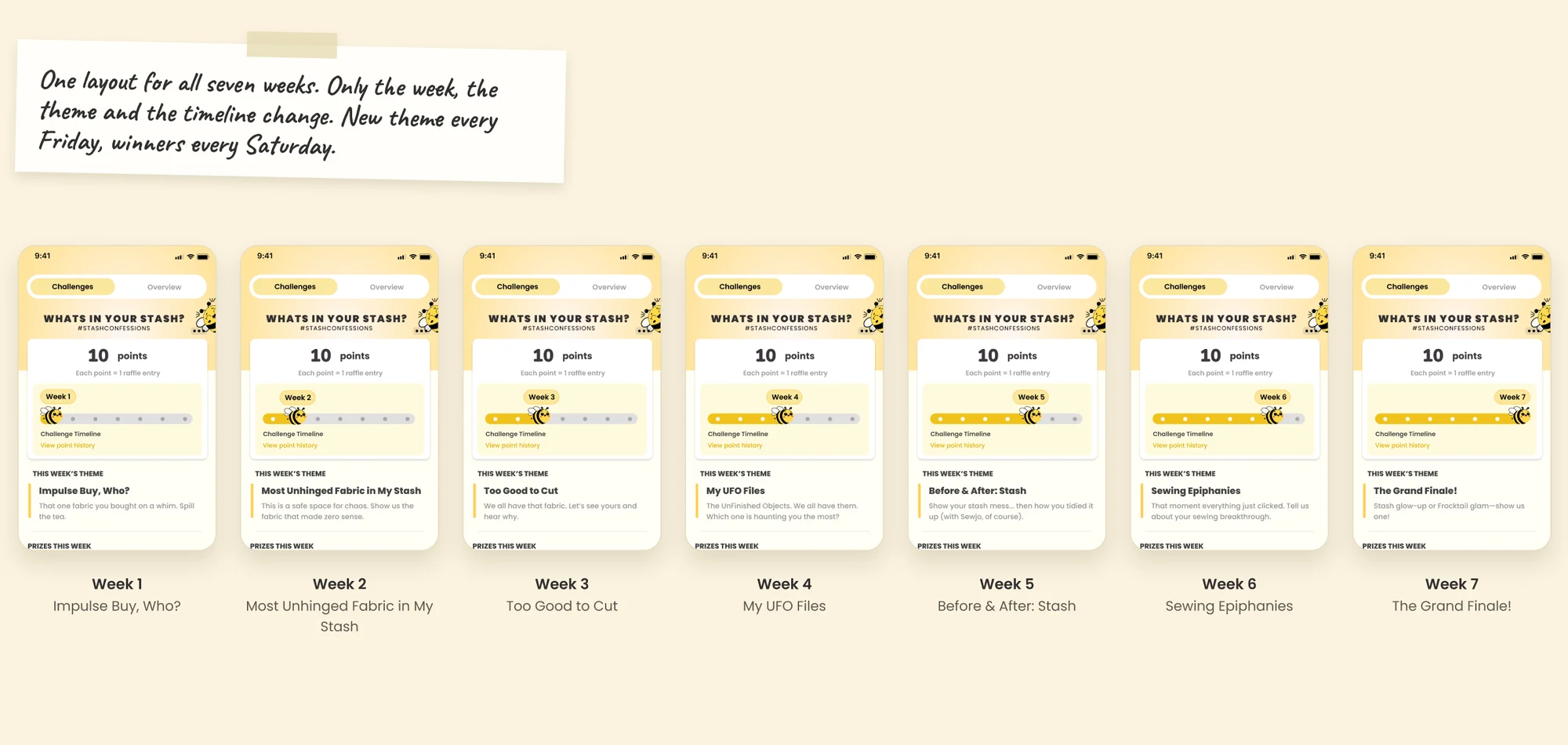 Seven weekly theme screens side by side, each using the same layout with a different theme