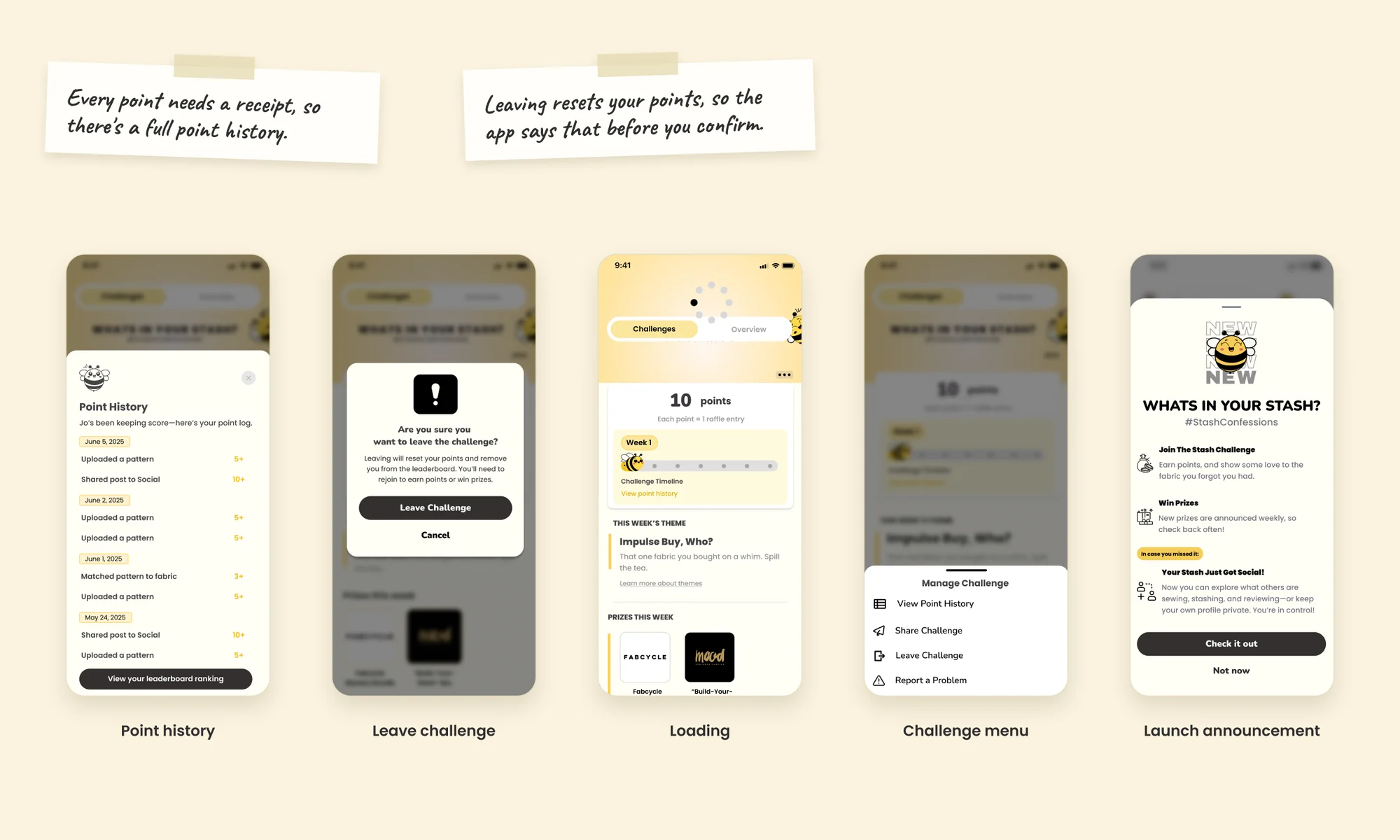 Supporting screens: points history, leave challenge confirmation, loading state, overflow menu and the new feature launch modal