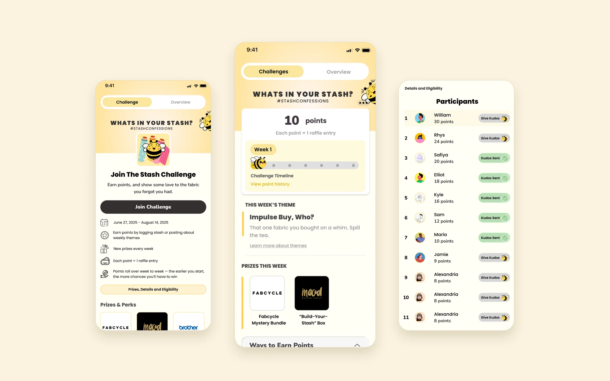 Sewjo Challenges screens: the challenge landing page, the active challenge and the participant board