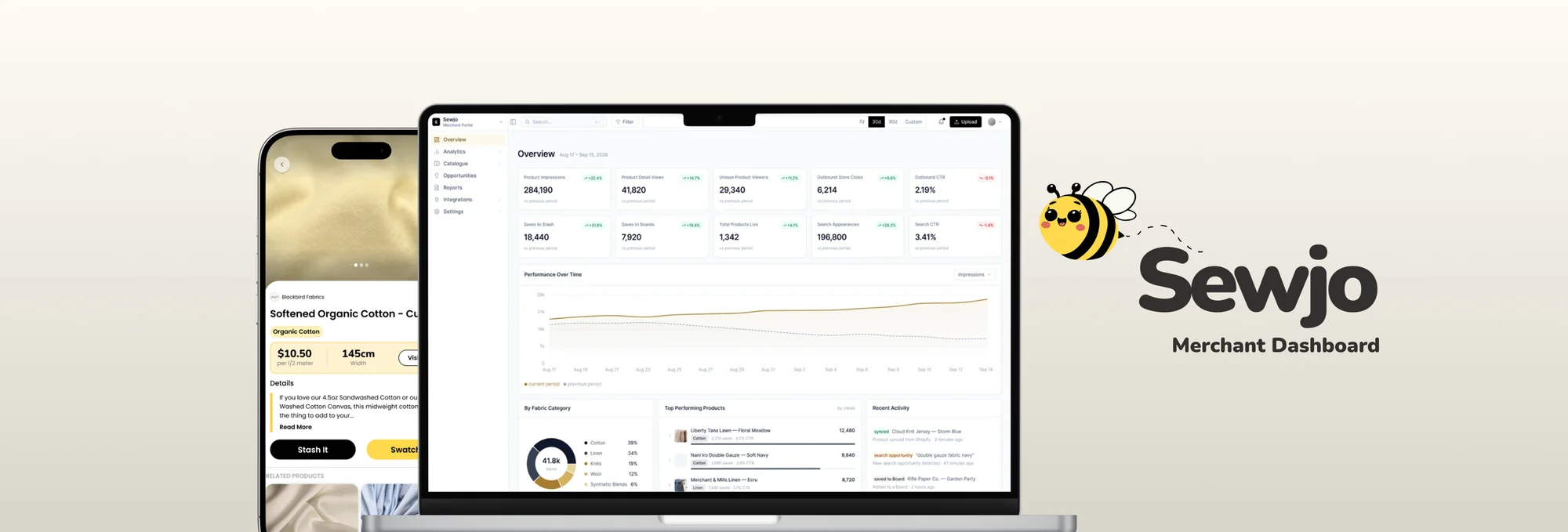 The Sewjo merchant dashboard on a laptop and phone, beside the Sewjo bee logo