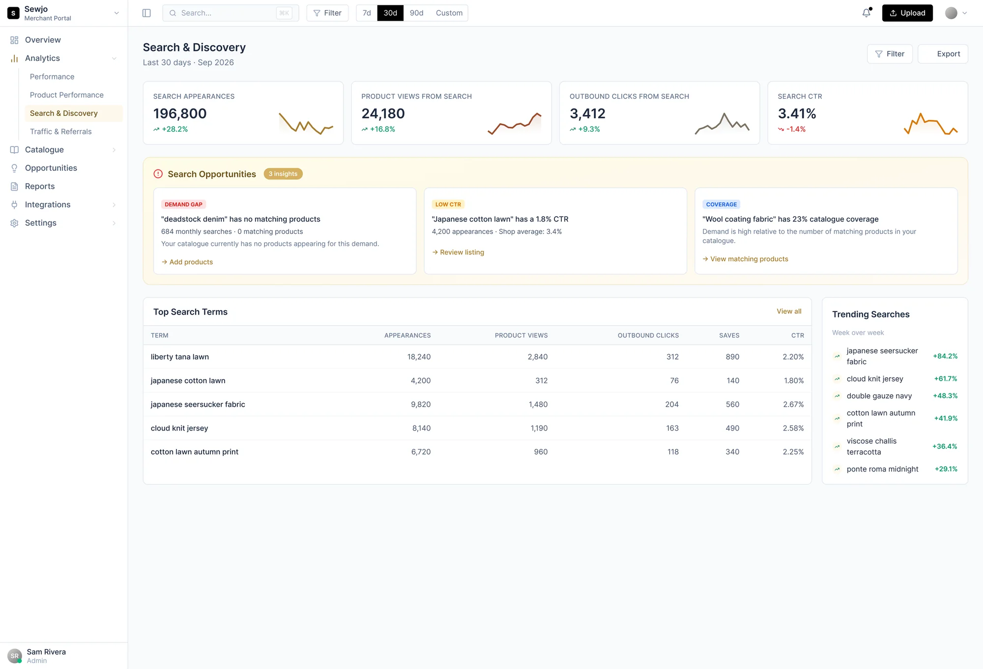 Search and discovery screen with top search terms, trending searches and suggested opportunities for the merchant