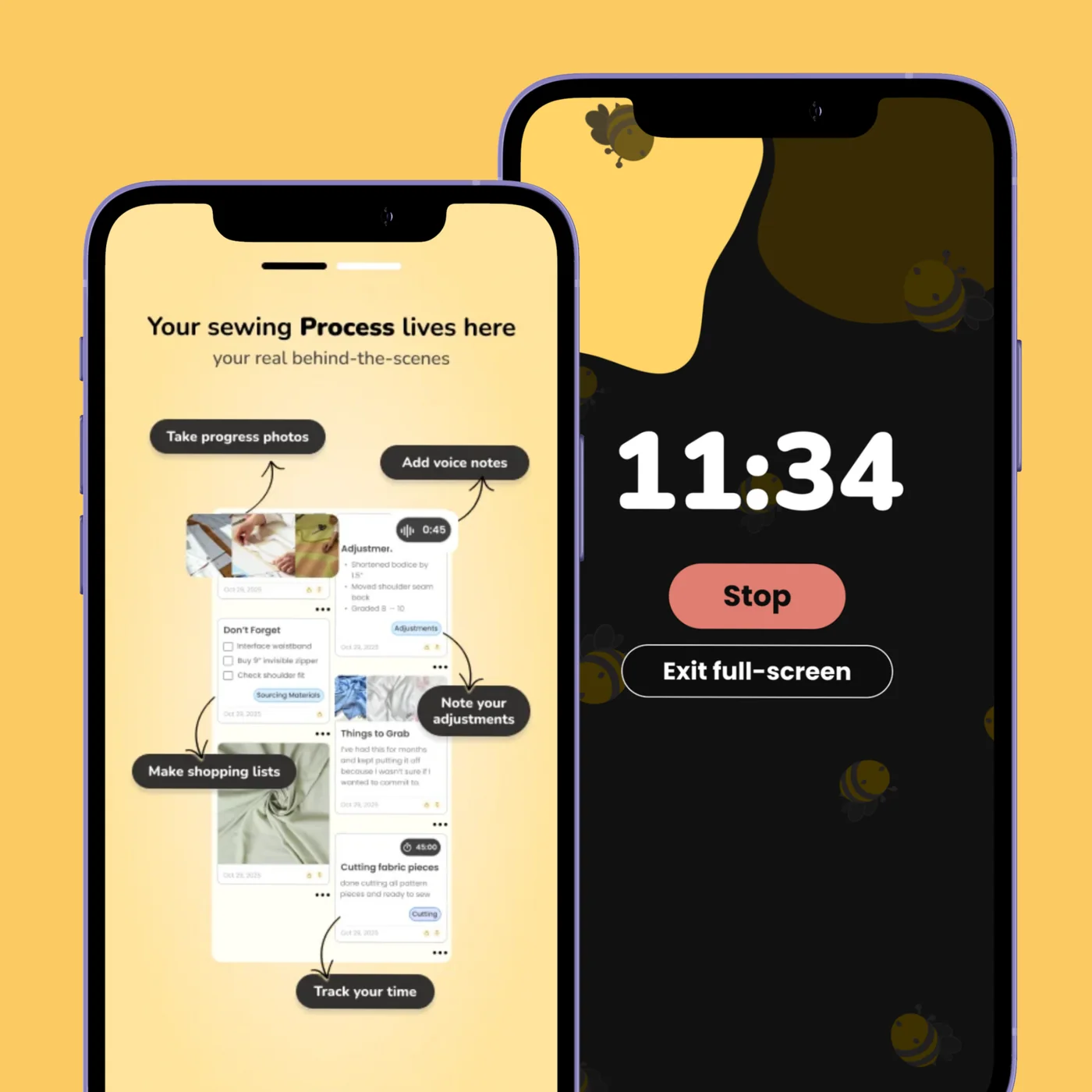 Two phones: one showing quick actions around a project log, one showing a full-screen sewing timer