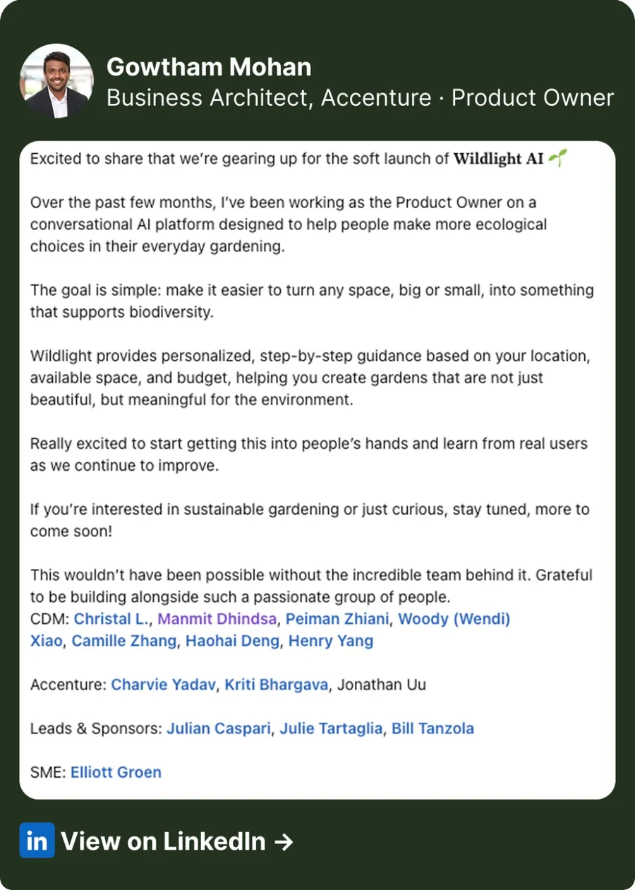 LinkedIn post by Gowtham Mohan, Business Architect and Product Owner at Accenture, announcing the soft launch of Wildlight AI and crediting the team, including Manmit Dhindsa